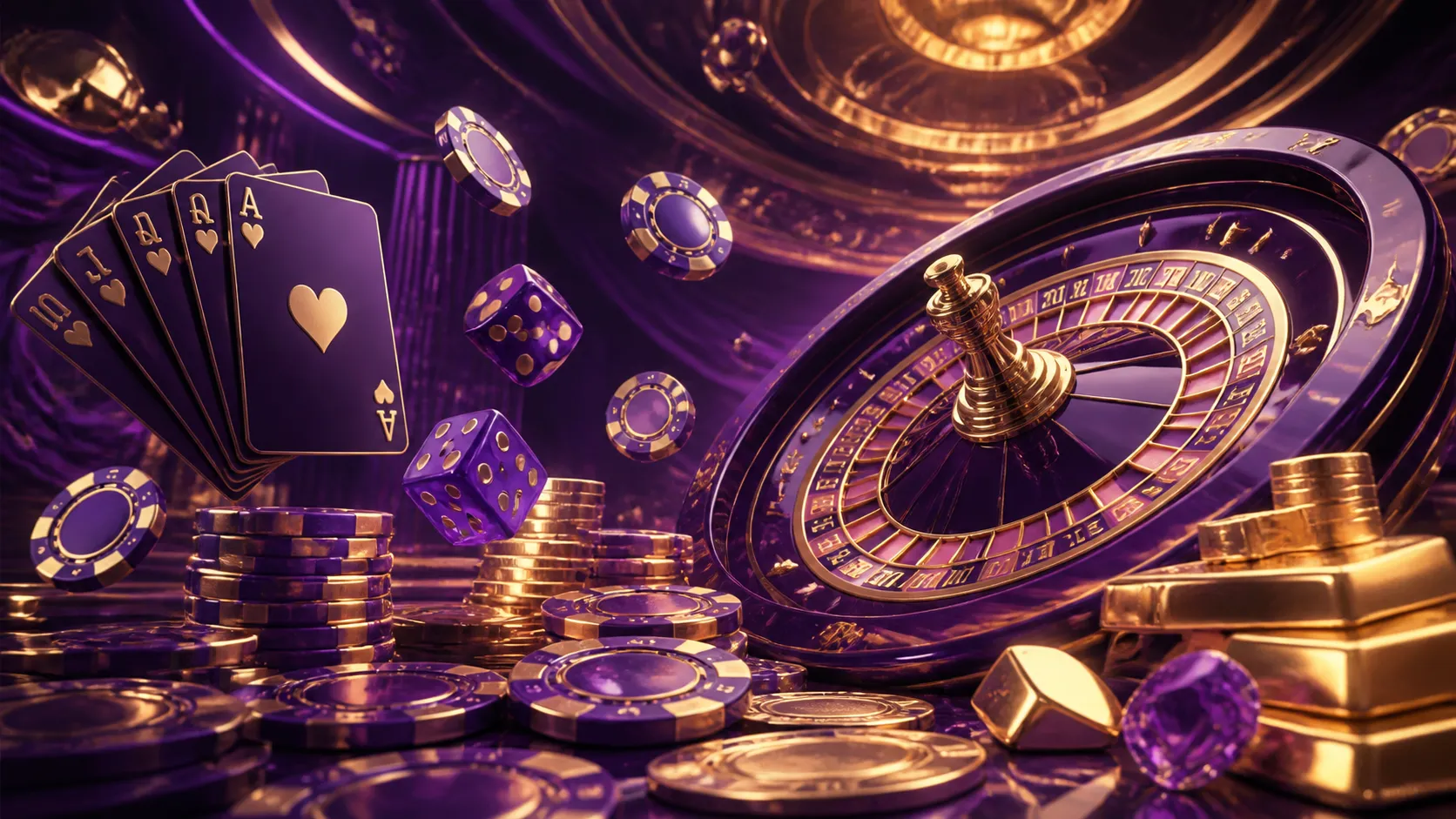 Futuristic casino theme with glowing neon poker chips and dice in a cyberpunk style.